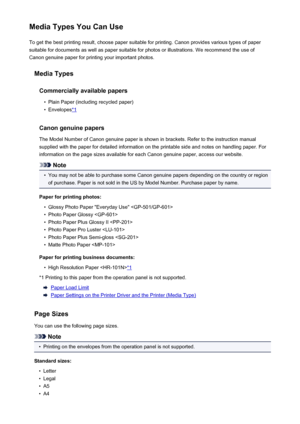 Page 172Media Types You Can UseTo get the best printing result, choose paper suitable for printing. Canon provides various types of paper
suitable for documents as well as paper suitable for photos or illustrations. We recommend the use of
Canon genuine paper for printing your important photos.
Media Types
Commercially available papers•
Plain Paper (including recycled paper)
•
Envelopes*1
Canon genuine papers
The Model Number of Canon genuine paper is shown in brackets. Refer to the instruction manual
supplied...