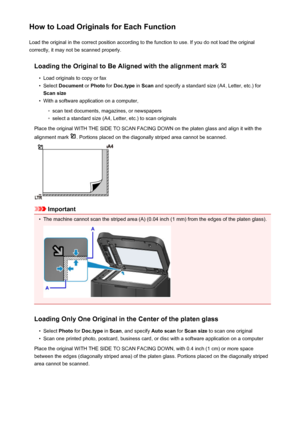 Page 185How to Load Originals for Each FunctionLoad the original in the correct position according to the function to use. If you do not load the original
correctly, it may not be scanned properly.
Loading the Original to Be Aligned with the alignment mark •
Load originals to copy or fax
•
Select  Document  or Photo  for Doc.type  in Scan  and specify a standard size (A4, Letter, etc.) for
Scan size
•
With a software application on a computer,
◦
scan text documents, magazines, or newspapers
◦
select a standard...