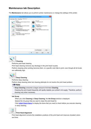 Page 492Maintenance tab DescriptionThe  Maintenance  tab allows you to perform printer maintenance or change the settings of the printer.
 Cleaning
Performs print head cleaning.
Print head cleaning removes any blockage in the print head nozzles.
Perform cleaning when printing becomes faint, or a specific color fails to print, even though all ink levels are sufficiently high.
 Deep Cleaning
Performs deep cleaning.
Perform deep cleaning when two cleaning attempts do not resolve the print head problem.
Note
•
Deep...