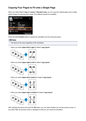 Page 545Copying Four Pages to Fit onto a Single PageWhen you select  4-on-1 copy for Layout  in Standard copy , you can copy four original pages onto a single
sheet of paper by reducing each image. Four different layouts are available.
Press the right  Function button to specify the orientation and the advanced layout.
Note
•
The layout is the same regardless of the orientation.
•
When you select  Upper-left to right  for 4-on-1 copy layout :
•
When you select Upper-right to left  for 4-on-1 copy layout :
•
When...