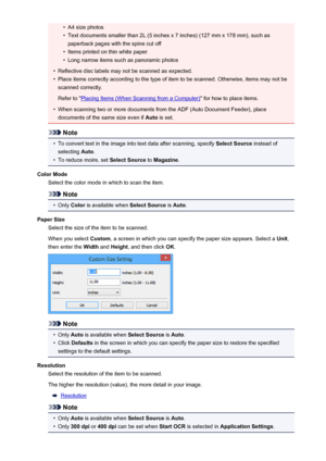 Page 593•A4 size photos•
Text documents smaller than 2L (5 inches x 7 inches) (127 mm x 178 mm), such aspaperback pages with the spine cut off
•
Items printed on thin white paper
•
Long narrow items such as panoramic photos
•
Reflective disc labels may not be scanned as expected.
•
Place items correctly according to the type of item to be scanned. Otherwise, items may not bescanned correctly.
Refer to "
Placing Items (When Scanning from a Computer) " for how to place items.
•
When scanning two or more...