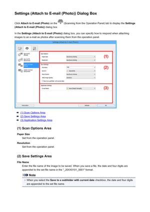 Page 624Settings (Attach to E-mail (Photo)) Dialog BoxClick  Attach to E-mail (Photo)  on the 
 (Scanning from the Operation Panel) tab to display the  Settings
(Attach to E-mail (Photo))  dialog box.
In the  Settings (Attach to E-mail (Photo))  dialog box, you can specify how to respond when attaching
images to an e-mail as photos after scanning them from the operation panel.
(1) Scan Options Area
(2) Save Settings Area
(3) Application Settings Area
(1) Scan Options Area Paper Size Set from the operation...