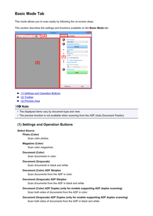 Page 674Basic Mode TabThis mode allows you to scan easily by following the on-screen steps.This section describes the settings and functions available on the  Basic Mode tab.
(1) Settings and Operation Buttons
(2) Toolbar
(3) Preview Area
Note
•
The displayed items vary by document type and view.
•
The preview function is not available when scanning from the ADF (Auto Document Feeder).
(1) Settings and Operation Buttons Select Source Photo (Color) Scan color photos.
Magazine (Color) Scan color magazines....