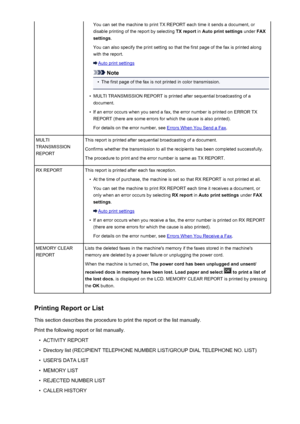 Page 865You can set the machine to print TX REPORT each time it sends a document, ordisable printing of the report by selecting  TX report in Auto print settings  under FAX
settings .
You can also specify the print setting so that the first page of the fax is printed along
with the report.
Auto print settings
Note
•
The first page of the fax is not printed in color transmission.
•
MULTI TRANSMISSION REPORT is printed after sequential broadcasting of a
document.
•
If an error occurs when you send a fax, the error...