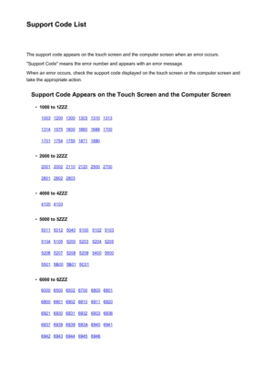 Page 1028Support Code ListThe support code appears on the touch screen and the computer screen when an error occurs.
"Support Code" means the error number and appears with an error message.
When an error occurs, check the support code displayed on the touch screen or the computer screen and
take the appropriate action.
Support Code Appears on the Touch Screen and the Computer Screen•
1000 to 1ZZZ
10031200130013031310131313141575160016601688170017011754175518711890 •
2000 to 2ZZZ...