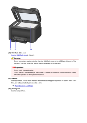 Page 143(12) USB flash drive port
Insert a USB flash drive to this port.
Warning
•
Do not connect any equipment other than the USB flash drives to the USB flash drive port of the
machine. This may cause fire, electric shock, or damage to the machine.
Important
•
Do not touch the metal casing.
•
Do not use the USB cable longer than 10 feet (3 meters) to connect to the machine since it may affect the operation of other peripheral devices.
(13) cassette Load paper here. Two or more sheets of the same size and type...
