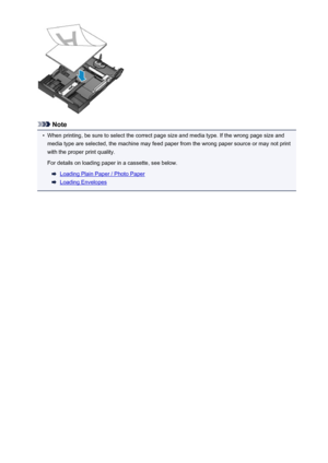 Page 162Note
•
When printing, be sure to select the correct page size and media type. If the wrong page size andmedia type are selected, the machine may feed paper from the wrong paper source or may not print
with the proper print quality.
For details on loading paper in a cassette, see below.
Loading Plain Paper / Photo Paper
Loading Envelopes
162
 