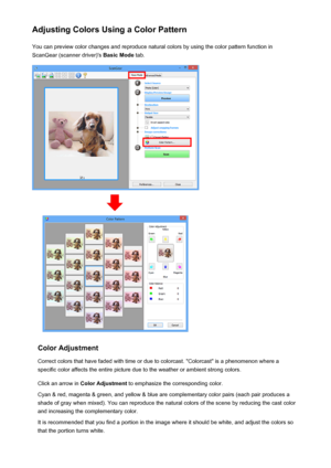 Page 666Adjusting Colors Using a Color PatternYou can preview color changes and reproduce natural colors by using the color pattern function in
ScanGear (scanner driver)'s  Basic Mode tab.
Color Adjustment
Correct colors that have faded with time or due to colorcast. "Colorcast" is a phenomenon where a
specific color affects the entire picture due to the weather or ambient strong colors.
Click an arrow in  Color Adjustment  to emphasize the corresponding color.
Cyan & red, magenta & green, and yellow...