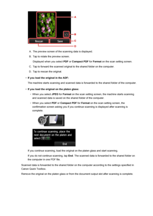 Page 760A.
The preview screen of the scanning data is displayed.
B.
Tap to rotate the preview screen.Displayed when you select  PDF or Compact PDF  for Format  on the scan setting screen.
C.
Tap to forward the scanned original to the shared folder on the computer.
D.
Tap to rescan the original.
•
If you load the original in the ADF:
The machine starts scanning and scanned data is forwarded to the shared folder of the computer.
•
If you load the original on the platen glass:
◦
When you select  JPEG for Format  on...