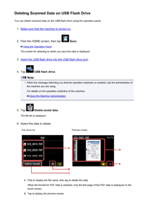 Page 761Deleting Scanned Data on USB Flash DriveYou can delete scanned data on the USB flash drive using the operation panel.1.
Make sure that the machine is turned on.
2.
Flick the HOME screen, then tap   Scan .
Using the Operation Panel
The screen for selecting to which you save the data is displayed.
3.
Insert the USB flash drive into the USB flash drive port.
4.
Tap   USB flash drive .
Note
•
When the message informing you that the operation restriction is enabled, ask the administrator of
the machine you...