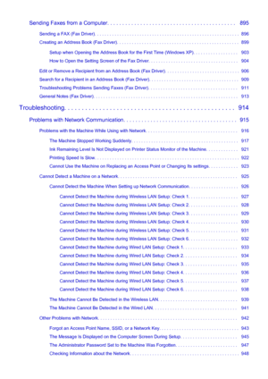 Page 13Sending Faxes from a Computer. . . . . . . . . . . . . . . . . . . . . . . . . . . . . . . . . . . . . . . . . . .   895Sending a FAX (Fax Driver). . . . . . . . . . . . . . . . . . . . . . . . . . . . . . . . . . . . . . . . . . . . . . . . . . . . . . . . . .  896
Creating an Address Book (Fax Driver). . . . . . . . . . . . . . . . . . . . . . . . . . . . . . . . . . . . . . . . . . . . . . . . .   899
Setup when Opening the Address Book for the First Time (Windows XP). . . . . . . . . . . . . . . . ....