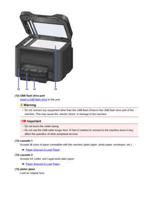 Page 143(12) USB flash drive port
Insert a USB flash drive to this port.
Warning
•
Do not connect any equipment other than the USB flash drives to the USB flash drive port of the
machine. This may cause fire, electric shock, or damage to the machine.
Important
•
Do not touch the metal casing.
•
Do not use the USB cable longer than 10 feet (3 meters) to connect to the machine since it may affect the operation of other peripheral devices.
(13) cassette 1 Accepts all sizes of paper compatible with this machine...