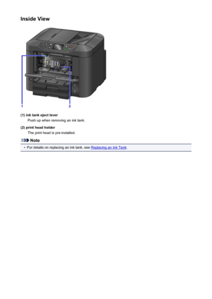 Page 145Inside View
(1) ink tank eject leverPush up when removing an ink tank.
(2) print head holder The print head is pre-installed.
Note
•
For details on replacing an ink tank, see Replacing an Ink Tank .
145
 