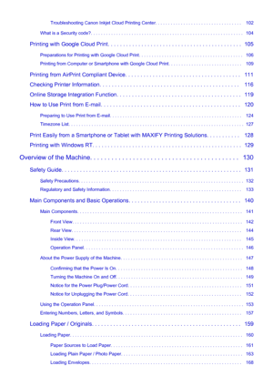 Page 3Troubleshooting Canon Inkjet Cloud Printing Center. . . . . . . . . . . . . . . . . . . . . . . . . . . . . . . . . .   102
What is a Security code?. . . . . . . . . . . . . . . . . . . . . . . . . . . . . . . . . . . . . . . . . . . . . . . . . . . . . . . . . . . .   104
Printing with Google Cloud Print. . . . . . . . . . . . . . . . . . . . . . . . . . . . . . . . . . . . . . . . . . . .   105 Preparations for Printing with Google Cloud Print. . . . . . . . . . . . . . . . . . . . . . . . . . . . . ....