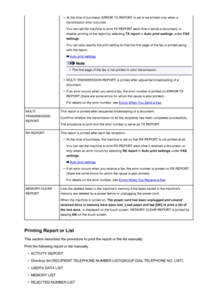 Page 891•At the time of purchase, ERROR TX REPORT is set to be printed only when a
transmission error occurred.
You can set the machine to print TX REPORT each time it sends a document, or disable printing of the report by selecting  TX report in Auto print settings  under FAX
settings .
You can also specify the print setting so that the first page of the fax is printed along
with the report.
Auto print settings
Note
•
The first page of the fax is not printed in color transmission.
•
MULTI TRANSMISSION REPORT is...