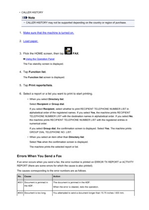 Page 892•CALLER HISTORY
Note
•
CALLER HISTORY may not be supported depending on the country or region of purchase.
1.
Make sure that the machine is turned on.
2.
Load paper.
3.
Flick the HOME screen, then tap  FAX .
Using the Operation Panel
The Fax standby screen is displayed.
4.
Tap  Function list .
The  Function list  screen is displayed.
5.
Tap Print reports/lists .
6.
Select a report or a list you want to print to start printing.
•
When you select Directory list:
Select  Recipient  or Group dial .
If you...