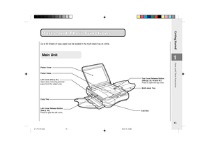 Page 17Getting Started
15
1
Parts and Their Functions Parts and Their Functions
Main Unit
Platen Cover
Top Cover Release Button
(See pp. 22, 44 and 46.)
Press to open the top cover.
Parts and Their Functions
Platen Glass
Left Cover (See p.45.)
Open when removing jammed
paper from the output area.
Copy Tray
Multi-stack Tray
Exit Slot
Up to 50 sheets of copy paper can be loaded in the multi-stack tray at a time.
Left Cover Release Button
(See p. 45.)
Press to open the left cover.
01_PC170-USA06.5.15, 18:26 15
 