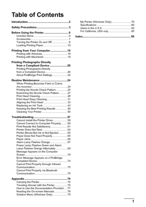 Page 5Table of Contents
1
Introduction.....................................................2
Safety Precautions ......................................... 3
Before Using the Printer ................................6
Included Items ................................................ 6
Accessories .................................................... 7
Turning the Printer On and Off ....................... 8
Loading Printing Paper ................................. 10
Printing from Your Computer...