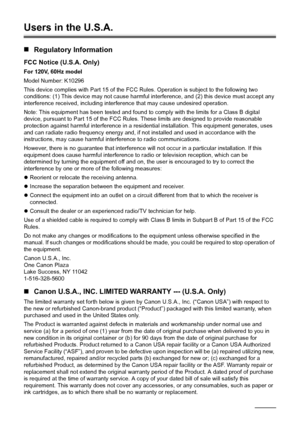 Page 8682Appendix
Users in the U.S.A. 
„Regulatory Information
FCC Notice (U.S.A. Only)
For 120V, 60Hz model
Model Number: K10296
This device complies with Part 15 of the FCC Rules. Operation is subject to the following two 
conditions: (1) This device may not cause harmful in terference, and (2) this device must accept any 
interference received, including interf erence that may cause undesired operation.
Note: This equipment has been tested and found to comply with the limits for a Class B digital 
device,...