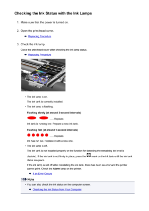 Page 132Checking the Ink Status with the Ink Lamps1.
Make sure that the power is turned on.
2.
Open the print head cover.
Replacing Procedure
3.
Check the ink lamp.Close the print head cover after checking the ink lamp status.
Replacing Procedure
•
The ink lamp is on.
The ink tank is correctly installed.
•
The ink lamp is flashing.
Flashing slowly (at around 3-second intervals)
 ...... Repeats
Ink tank is running low. Prepare a new ink tank.
Flashing fast (at around 1-second intervals)
 ...... Repeats
Ink has...