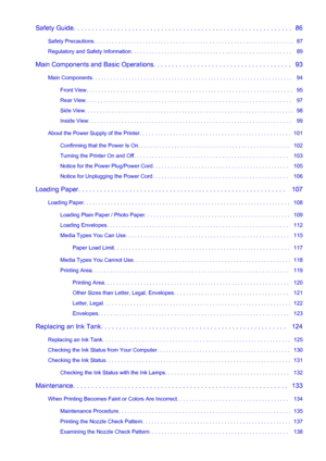 Page 3Safety Guide. . . . . . . . . . . . . . . . . . . . . . . . . . . . . . . . . . . . . . . . . . . . . . . . . . . . . . . . . . . .   86Safety Precautions. . . . . . . . . . . . . . . . . . . . . . . . . . . . . . . . . . . . . . . . . . . . . . . . . . . . . . . . . . . . . . . . . .  87
Regulatory and Safety Information. . . . . . . . . . . . . . . . . . . . . . . . . . . . . . . . . . . . . . . . . . . . . . . . . . . . .   89
Main Components and Basic Operations. . . . . . . . . . . . . . . . . . . ....