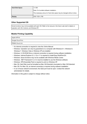 Page 267Hard Disk Space1.5 GB
Note: For bundled software installation.
The necessary amount of hard disk space may be changed without notice.DisplayXGA 1024 x 768
Other Supported OS
Some functions may not be available with each OS. Refer to the manual or the Canon web site for details on operation with iOS, Android, and Windows RT.
Mobile Printing Capability
Apple AirPrintGoogle Cloud PrintPIXMA Cloud Link•
An internet connection is required to view the  Online Manual.
•
Windows: Operation can only be guaranteed...