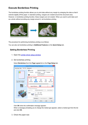 Page 281Execute Borderless PrintingThe borderless printing function allows you to print data without any margin by enlarging the data so that it
extends slightly off the paper. In standard printing, margins are created around the document area.
However, in borderless printing function, these margins are not created. When you want to print data such
as a photo without providing any margin around it, set borderless printing.
The procedure for performing borderless printing is as follows:
You can also set...