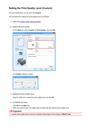 Page 318Setting the Print Quality Level (Custom)The print quality level can be set in the  Custom.
The procedure for setting the print quality level is as follows:1.
Open the printer driver setup window
2.
Select the print quality
On the  Main tab, select  Custom for Print Quality , and click Set....
The Custom  dialog box opens.
3.
Setting the print quality level
Drag the slider bar to select the print quality level and click  OK.
4.
Complete the setup
Click  OK on the  Main tab.
When you execute print, the...