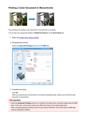 Page 320Printing a Color Document in Monochrome
The procedure for printing a color document in monochrome is as follows:
You can also set a grayscale printing in  Additional Features on the Quick Setup  tab.
1.
Open the printer driver setup window
2.
Set grayscale printing
Check the  Grayscale Printing  check box on the Main tab.
3.
Complete the setup
Click  OK.
When you execute print, the document is converted to grayscale data. It allows you to print the color
document in monochrome.
Important
•
When the...