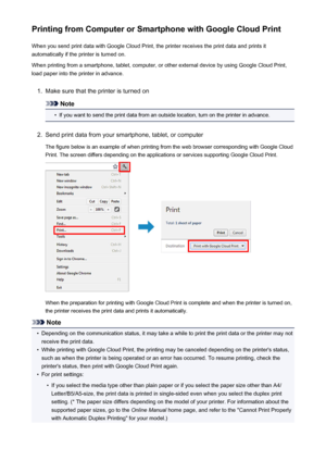 Page 72Printing from Computer or Smartphone with Google Cloud PrintWhen you send print data with Google Cloud Print, the printer receives the print data and prints it
automatically if the printer is turned on.
When printing from a smartphone, tablet, computer, or other external device by using Google Cloud Print, load paper into the printer in advance.1.
Make sure that the printer is turned on
Note
•
If you want to send the print data from an outside location, turn on the printer in advance.
2.
Send print data...