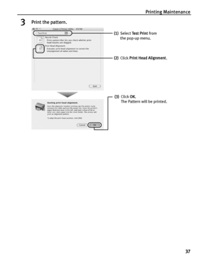 Page 41Printing Maintenance
37
3Print the pattern.
(1)Select Te s t  P r i n t from 
the pop-up menu.
(2)Click Print Head Alignment.
(3)Click OK.
The Pattern will be printed.
 