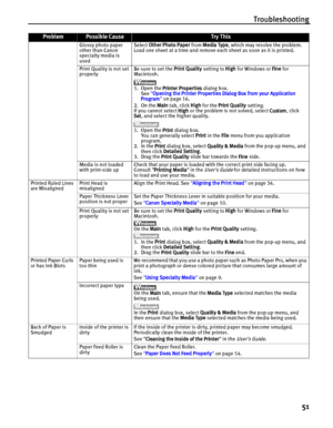 Page 55Troubleshooting
51
Glossy photo paper 
other than Canon 
specialty media is 
usedSelect Other Photo Paper from Media Type, which may resolve the problem. 
Load one sheet at a time and remove each sheet as soon as it is printed.
Print Quality is not set 
properlyBe sure to set the Print Quality setting to High for Windows or Fine for 
Macintosh.
1. Open the Printer Properties dialog box.
See Opening the Printer Properties Dialog Box from your Application 
Program on page 16.
2. On the Main tab, click High...