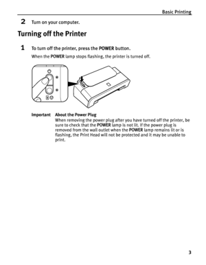 Page 7Basic Printing
3
2Turn on your computer.
Turning off the Printer
1To turn off the printer, press the POWER button.
When the POWER lamp stops flashing, the printer is turned off.
Important About the Power Plug
When removing the power plug after you have turned off the printer, be 
sure to check that the POWER lamp is not lit. If the power plug is 
removed from the wall outlet when the POWER lamp remains lit or is 
flashing, the Print Head will not be protected and it may be unable to 
print.
 