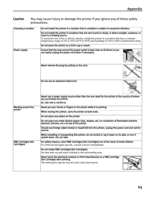 Page 67Appendix
63
CautionYou may cause injury or damage the printer if you ignore any of these safety 
precautions.
Choosing a location Do not install the printer in a location that is unstable or subject to excessive vibration.
Do not install the printer in locations that are very humid or dusty, in direct sunlight, outdoors, or 
close to a heating source.
To avoid the risk of fire or electric shocks, install the printer in a location that has a constant 
temperature range of 5°C to 35°C (41°F to 95°F) and...