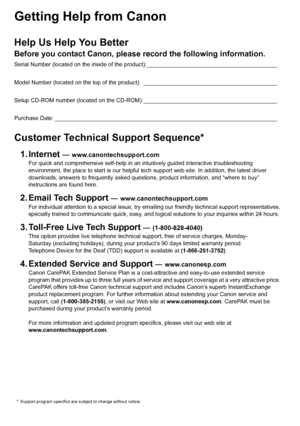 Page 2Getting Help from CanonHelp Us Help You BetterBefore you contact Canon, please record the following information.Serial Number (located on the inside of the product):_________________________________________
Model Number (located on the top of the product): __________________________________________
Setup CD-ROM number (located on the CD-ROM): __________________________________________
Purchase Date: ______________________________________________________________________Customer Technical Support...