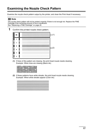 Page 2117
Routine Maintenance
Examining the Nozzle Check Pattern
Examine the nozzle check pattern output by the  printer, and clean the Print Head if necessary.
1Confirm the printed nozzle check pattern.
(1)If lines of this pattern are missing, the print head nozzle needs cleaning.
Example: When lines are missing (Black ink)
(2) If these patterns have white streaks, the print head nozzle needs cleaning.
Example: When white streaks appear (Color ink)
Note
The nozzle check pattern will not be printed correctly if...