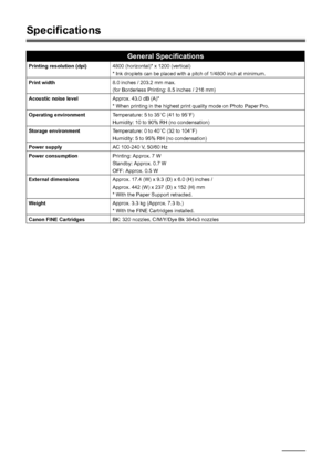 Page 5854Appendix
Specifications
General Specifications
Printing resolution (dpi)4800 (horizontal)* x 1200 (vertical)
* Ink droplets can be placed with a pitch of 1/4800 inch at minimum.
Print width8.0 inches / 203.2 mm max.
(for Borderless Printing: 8.5 inches / 216 mm)
Acoustic noise levelApprox. 43.0 dB (A)*
* When printing in the highest print quality mode on Photo Paper Pro.
Operating environmentTemperature: 5 to 35°C (41 to 95°F)
Humidity: 10 to 90% RH (no condensation)
Storage environmentTemperature: 0...