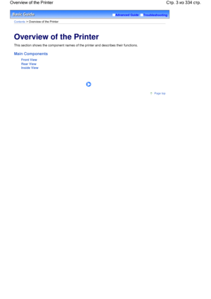 Page 3Advanced Guide  Troubleshooting
Contents > Overview of the Printer
Overview of the Printer
This section shows the component names of the printer and describes their functions.
Main Components
Front View
Rear View
Inside View
     
Page top
Стр. 3 из 334 стр. Overview of the Printer
 