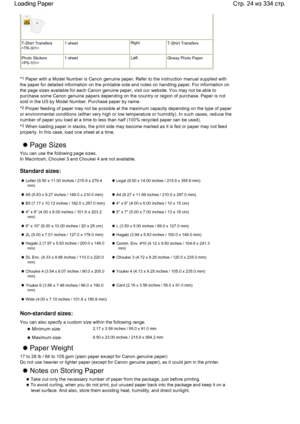 Page 24T-Shirt Transfers 1 sheetRightT-Shirt Transfers
Photo Stickers 1 sheetLeftGlossy Photo Paper
*1 Paper with a Model Number is Canon genuine paper. Refer to the instruction manual supplied with
the paper for detailed information on the printable side and notes on handling paper. For information on
the page sizes available for each Canon genuine paper, visit our website. You may not be able to
purchase some Canon genuine papers depending on the country or region of purchase. Paper is not
sold in the US by...