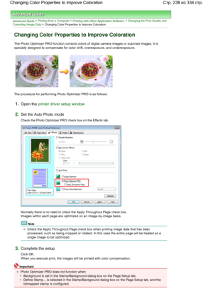 Page 238Advanced Guide > Printing from a Computer > Printing with Other Application Software > Changing the Print Quality and
Correcting Image Data > Changing Color Properties to Improve Coloration 
Changing Color Properties to Improve Coloration 
The Photo Optimizer PRO function corrects colors of digital camera images or scanned images. It is
specially designed to compensate for color shift, overexposure, and underexposure. 
The procedure for performing Photo Optimizer PRO is as follows: 
1.Open the printer...