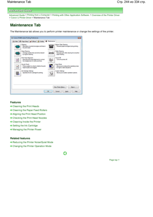 Page 244Advanced Guide > Printing from a Computer > Printing with Other Application Software > Overview of the Printer Driver> Canon IJ Printer Driver > Maintenance Tab 
Maintenance Tab 
The Maintenance tab allows you to perform printer maintenance or change the settings of the printer. 
Features 
Cleaning the Print Heads
Cleaning the Paper Feed Rollers
Aligning the Print Head Position
Checking the Print Head Nozzles
Cleaning Inside the Printer
Setting the Ink Cartridge
Managing the Printer Power
Related...