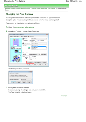 Page 261Advanced Guide > Changing the Printer Settings > Changing Printer Settings from Your Computer > Changing the Print
Options 
Changing the Print Options 
You change detailed print driver settings for print data that is sent from an application software. 
Specify this option if you encounter print failures such as part of an image data being cut off. 
The procedure for changing the print options is as follows: 
1.Open the printer driver setup window
2.Click Print Options... on the Page Setup tab 
The Print...