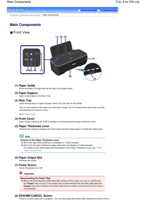 Page 4Advanced Guide  Troubleshooting
Contents > Overview of the Printer > Main Components
Main Components
 Front View
(1) Paper Guide
Pinch and slide it to align with the left side of the paper stack.
(2) Paper Support
Open to load paper in the Rear Tray.
(3) Rear Tray
Load various sizes or types of paper which you can use on the printer.
Two or more sheets of the same size and type of paper can be loaded at the same time, and fed
automatically one sheet at a time.
See Loading Paper
.
(4) Front Cover
Open it...