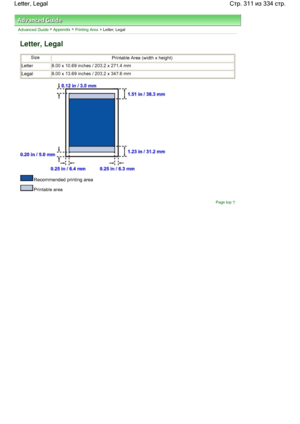 Page 311Advanced Guide > Appendix > Printing Area > Letter, Legal
Letter, Legal
SizePrintable Area (width x height)
Letter8.00 x 10.69 inches / 203.2 x 271.4 mm
Legal8.00 x 13.69 inches / 203.2 x 347.6 mm
Recommended printing area
Printable area
Page top
Стр. 311 из 334 стр. Letter, Legal
 