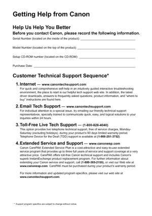 Page 2Getting Help from CanonHelp Us Help You BetterBefore you contact Canon, please record the following information.Serial Number (located on the inside of the product): __________________________________
Model Number (located on the top of the product): ____________________________________
Setup CD-ROM number (located on the CD-ROM): ___________________________________
Purchase Date: _______________________________________________________________Customer Technical Support Sequence*1. Internet 
—...