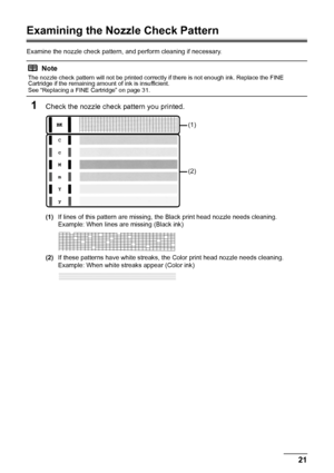 Page 2521 Routine Maintenance
Examining the Nozzle Check Pattern
Examine the nozzle check pattern, and perform cleaning if necessary.
1Check the nozzle check pattern you printed.
(1)If lines of this pattern are missing, the Black print head nozzle needs cleaning.
Example: When lines are missing (Black ink)
(2)If these patterns have white streaks, the Color print head nozzle needs cleaning.
Example: When white streaks appear (Color ink)
Note
The nozzle check pattern will not be printed correctly if there is not...