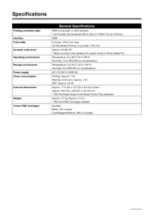 Page 6460Appendix
Specifications
General Specifications
Printing resolution (dpi)4800 (horizontal)* x 1200 (vertical)
* Ink droplets can be placed with a pitch of 1/4800 inch at minimum.
InterfaceUSB
Print width8 inches / 203.2 mm max.
(for Borderless Printing: 8.5 inches / 216 mm)
Acoustic noise levelApprox. 43 dB (A)*
* When printing in the highest print quality mode on Photo Paper Pro.
Operating environmentTemperature: 5 to 35°C (41 to 95°F)
Humidity: 10 to 90% RH (no condensation)
Storage...