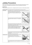 Page 73 Safety Precautions
Safety Precautions
Please read the safety warnings and cautions provided in this manual to ensure that you use the 
printer safely. Do not attempt to use the printer in any way not described in this manual.
Warning
You may cause an electric shock, fire, or damage the printer if you ignore any of these safety precautions.
Choosing a locationDo not place the printer close to flammable solvents such as alcohol or thinners.
Power supplyNever attempt to plug in or unplug the printer from...