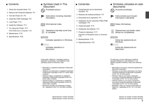 Page 3
Símbolos utilizados en este 
documento
■
Número de modelo: K10347 (iP2700)
Número de modelo: K10347 (iP2702)
Notas informativas. Instrucciones que incluyen 
información importante.
Operaciones que tardan cierto 
tiempo en completarse.
Indica las operaciones en 
Windows.
Indica las operaciones en 
Macintosh.
Microsoft es una marca comercial registrada de 
Microsoft Corporation.
Windows es una marca comercial o una marca 
comercial registrada de Microsoft Corporation 
en EE.

 UU. y/u otros países....