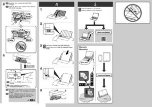 Page 2
5
4
5
1
2
3
4
5
6
(B)
(A)
EN
ES
EN
ES
EN
ES
EN
ES
EN
ES
Repita de  a  para instalar el otro cartucho 
FINE (FINE Cartridge).
Si la luz de Alarma (Alarm) (B) parpadea en naranja, compruebe que ambos cartuchos FINE (FINE Cartridges) de negro y de color estén instalados correctamente.
Espere hasta que se ilumine la luz 
ENCENDIDO (POWER) (A) y continúe.
Cargue papel con el lado de impresión hacia 
arriba.Manuales
Instale el software en sus dispositivos.
Repeat  to  to install the other FINE 
Cartridge.
If...